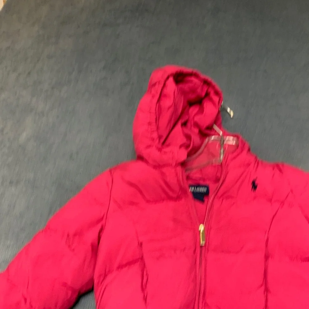 Ralph Lauren Puffer Jacket Girls 18M Pink Ruffle Hem Pony Logo Full‎ Zip Hooded